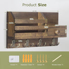 Key Holder Wall Mount, Wooden Adhesive Mail and Key Organizer with Drawer, Small Shelf, 8 Hooks, 2 Installation Methods, Brow