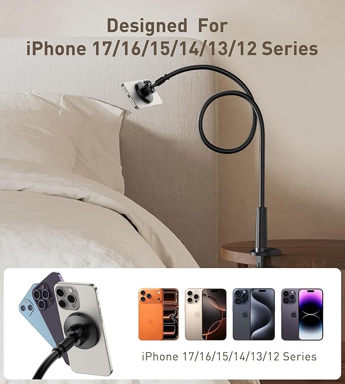 Magnetic Gooseneck Phone Holder Mount for iPhone 17/16/15/14/13/12 - Magnetic Stand Tabletop Clamp 360°Rotation Adjustable for Office/Home Compatible with iPhone 17 16 15 14 13 12 Mini Plus Pro Max