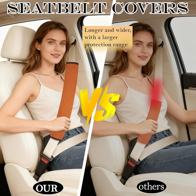Extended Seat Belt Cover Pad, 2 Pack Soft & Comfortable Universal Seatbelt Covers for Adults and Kids, Fits Car Seat Belts, Armrest, and Backpacks (Brown)