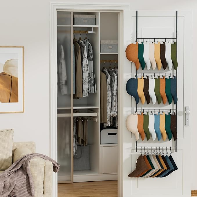 HapiRm Over the Door Hat Organizer - 4 Tier Wall Mounted Hat Rack with 24 Hooks and 10 Movable Clips, Hanging Baseball Cap Or