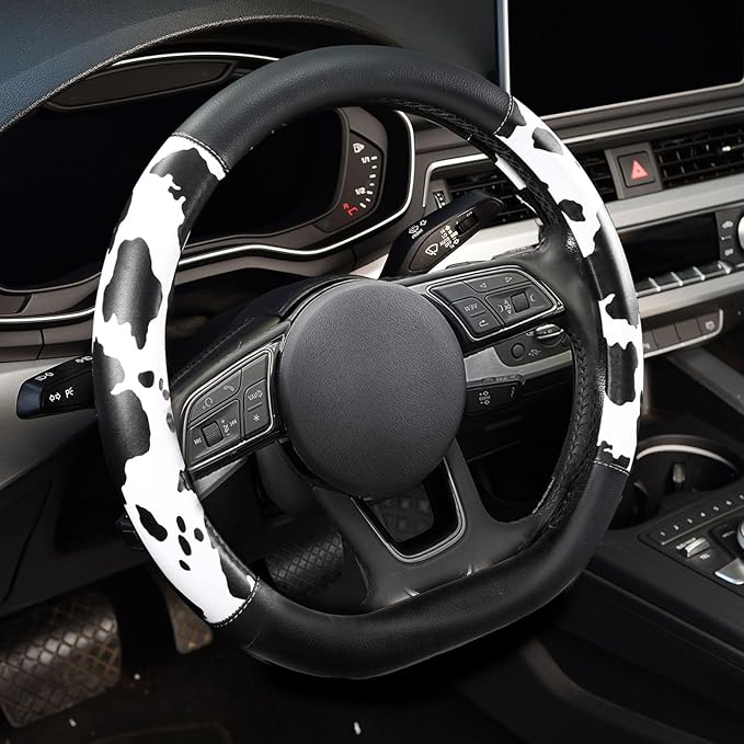 ZHOL Cow Print Steering Wheel Cover, D Shaped Car Wheel Cover Microfiber Leather 14 1/2-15 in (37-39 cm)