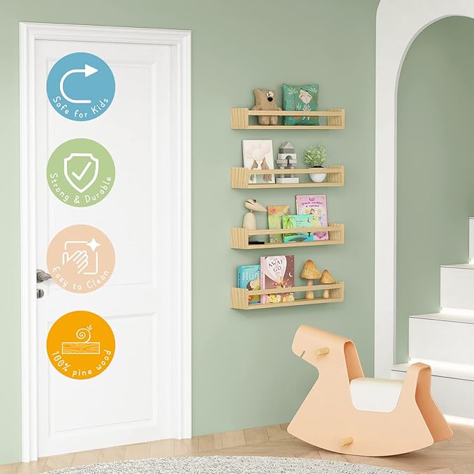 Forbena Natural Wood Nursery Bookshelves for Wall, 24 Inches Long Floating Book Shelves, Wall Mounted Bookcase for Baby Teen 