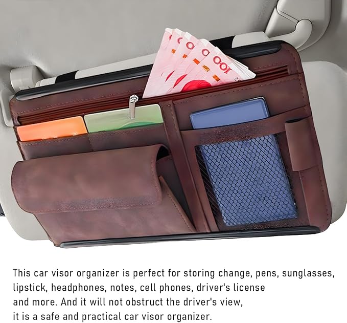 Car Sun Visor Organizer, Soft Leather Surface Eyeglasses Note Card Holder Car Storage Bag, Scratch-Resistant Waterproof Auto Sunshade Organizer Bag, Car Accessories (Brown)