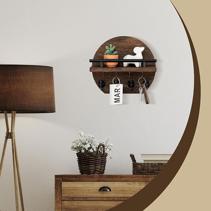 Nekon Key Holder for Wall - 9.8 Inch Apartment Wall Decor with Shelf and 8 Key Hooks, Circular Wood Key Hanger for Home Decor