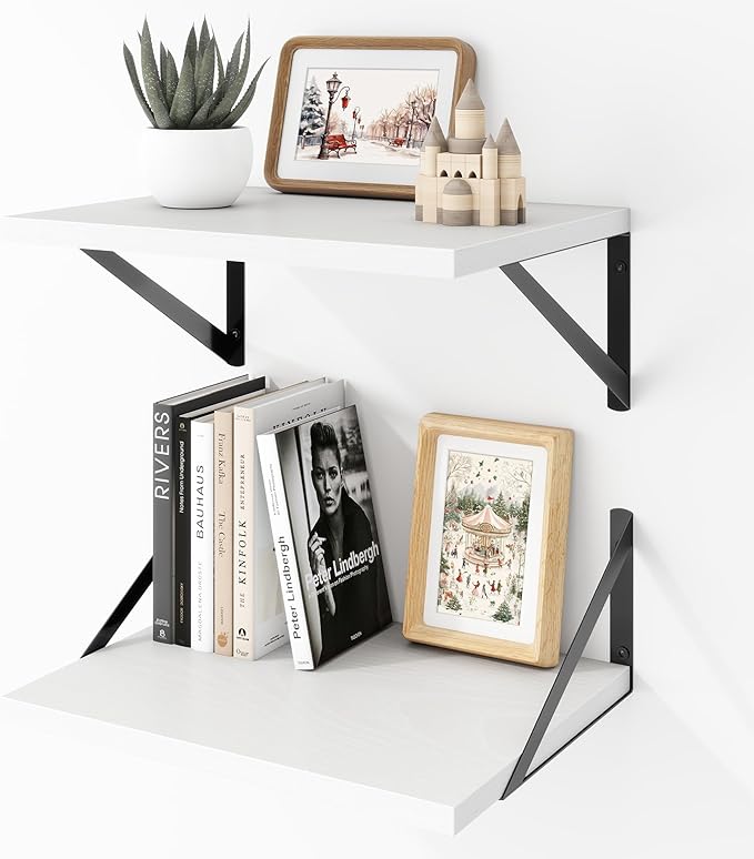 Deep Floating Shelves Wall Mounted, 16"x12" White Wall Shelves with Brackets Set of 2 for Bedroom, Living Room, Bathroom, Kit