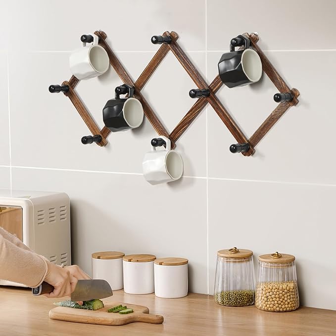 WGFKVAS 2 Pack Accordion Hat Rack for Wall - Expandable Coat Rack & Wall Mounted Hat Holder - Wooden Wall Hanger with 10 Peg 
