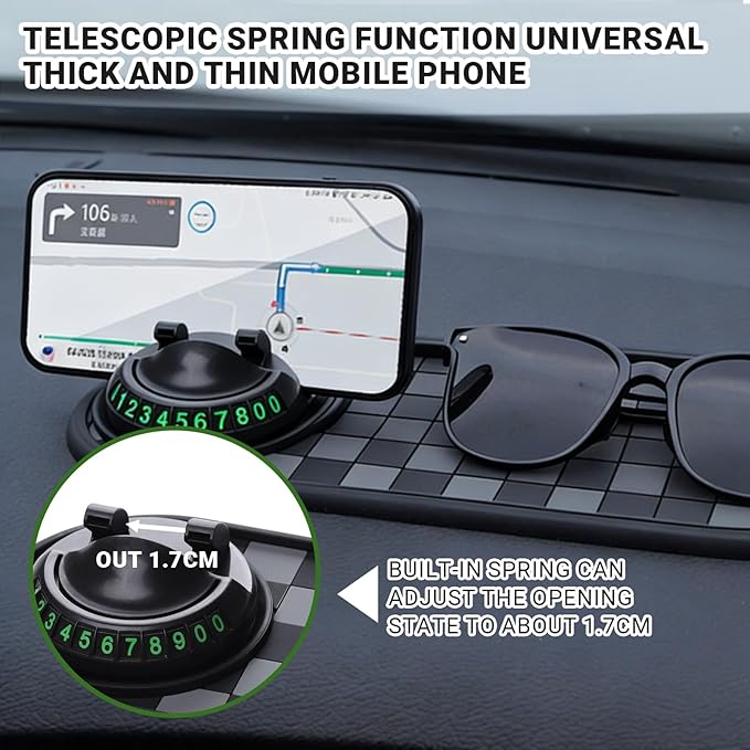 Multifunctional Car Anti-Slip Mat,Car Anti Slip Mat Phone Holder, with Temporary Parking Number, 360° Rotating Adjustable Uni