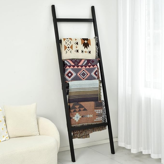 FUIN 6.4ft Extra Wide Wooden Blanket Ladder Living Room Decorative Wal Leaning Farmhouse Quilt Display Holder Rustic Wood Tow