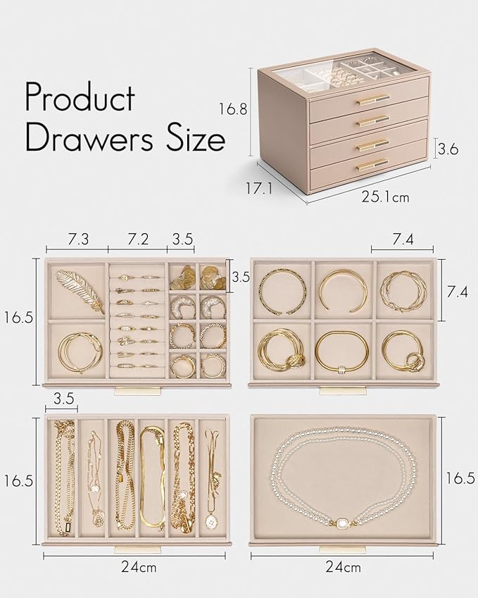VLANDO 4 Layer Jewelry Box for Women, Mothers Day Gifts for Women, Glass Lid Jewelry Organizer with 4 Drawers for Necklaces R