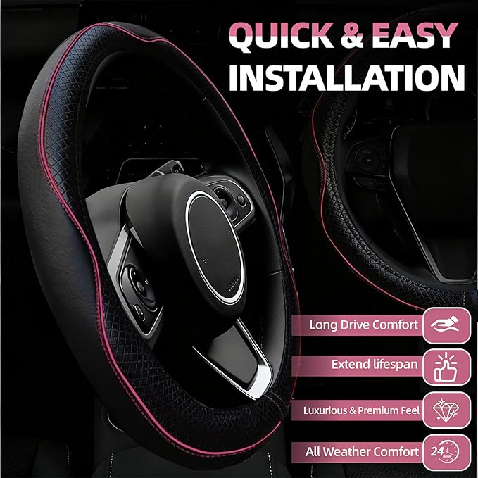 NBTEPEM 6 PCS Car Steering Wheel Cover Set, Microfiber Leather Steering Wheel Covers Universal 14.5-15 inch, Center Console C