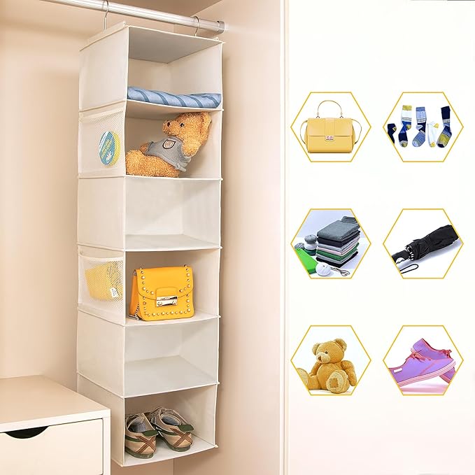 BrilliantJo 6 Shelves Hanging Closet Organizer, 2 Pack Hanging Storage with 4 Side Pockets for Clothes Shoes, 43.5"x12"x12"(B