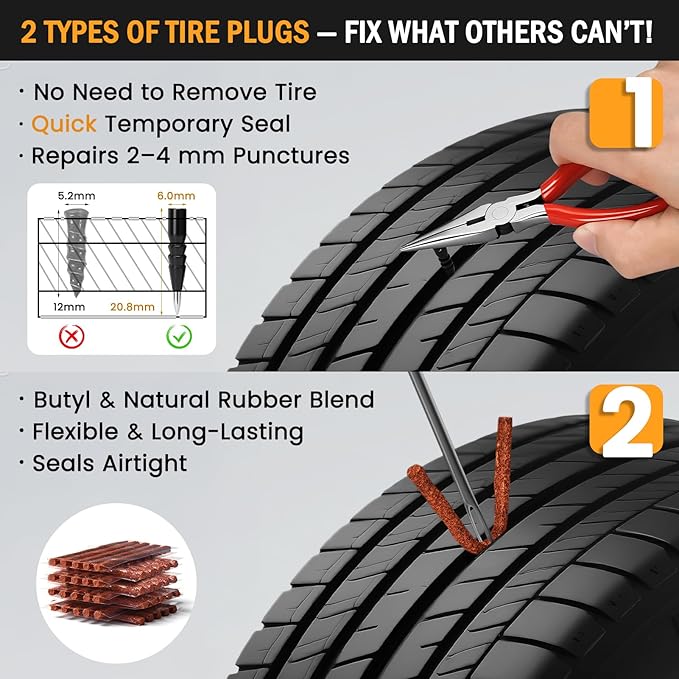 ORCISH Heavy Duty Tire Plug Kit - 70pcs All-in-One Universal Tire Repair Kit for Tubeless Flats, Emergency Tire Patch Kit for