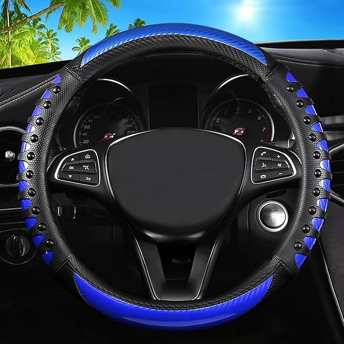 Car Leather Steering Wheel Cover - Carbon Fibre Material, Universal 14.5-15 Inch Leather Anti-Slip Breathable Auto Steering W