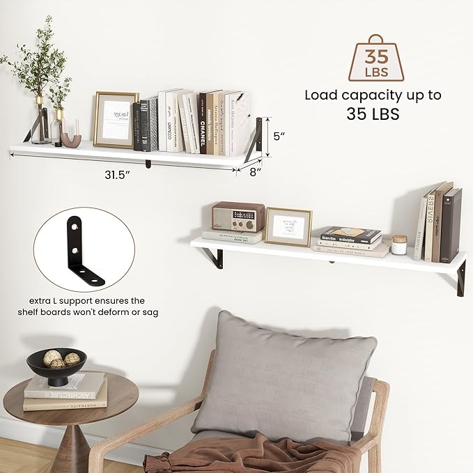 Axeman 32 Inch Floating Shelves | 8 Inch Deep White Wood Wall Shelves Set of 2 | 31.5" W x 8" D Rustic White Shelves for Bath