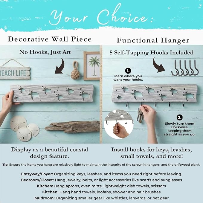 Driftwood Wall Art & DIY Key Holder – Handmade Coastal Home Decor – 17.5" Genuine Weathered Wood Plank with 5 Removable Hooks