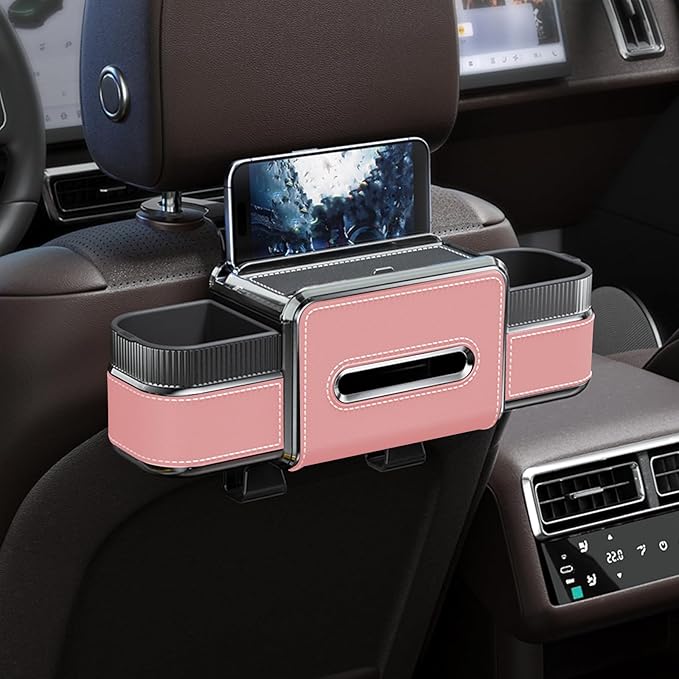 Multifunctional Car Seat Back Organizer Box with Drink Cup Holder, Makeup Mirror, Tissue Box& Hooks for Car Seat Back, New Upgrade Car Headrest Backseat Organizer Suitability for Wife, Girlfriend