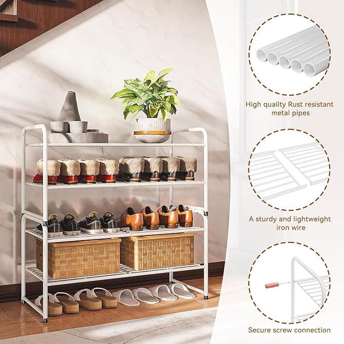 2 Tier Stackable Shoe Rack, 32.5" Wide All Metal Free Standing Shoe Storage Organizer for Entryway, Closet, White