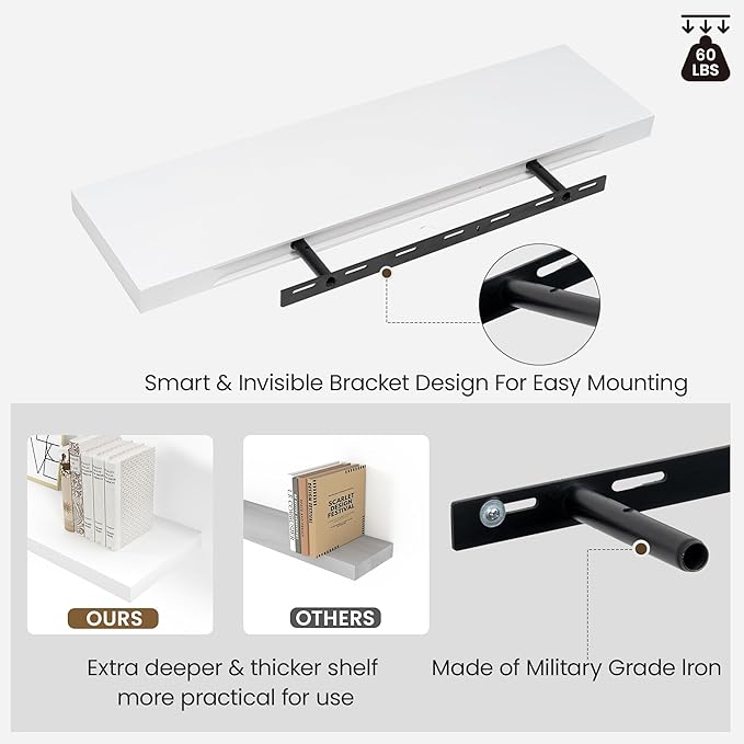 Vivelove Wooden Floating Shelves for Wall 24” x 8”x 1.4”, Solid Wood Shelf with Invisible Brackets, Deep Wall Shelves for Bat