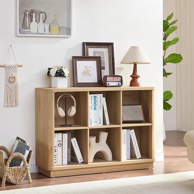 Joaxswe 6 Cube Storage Book Shelf, 40" Wide Low Horizontal Bookcase with Curved Edge, Floor Standing 2-Tier Wooden Bookshelf 