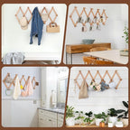 SCUNDA Wall Rack with 16 Hooks, Wooden Wall Expandable Coat Rack for Coat, Hats, Baseball Caps, Coffee Mug, Jewelry(Natural)
