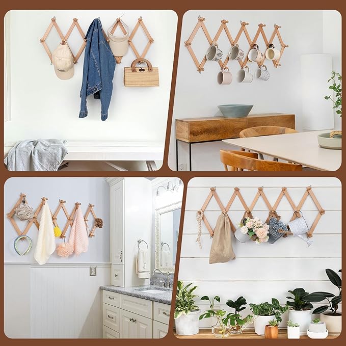SCUNDA Wall Rack with 16 Hooks, Wooden Wall Expandable Coat Rack for Coat, Hats, Baseball Caps, Coffee Mug, Jewelry(Natural)