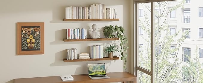 ROGMARS 36 Inches Long Walnut Floating Shelves,Rustic Solid Wood Farmhouse Wall Shelves with Invisible Brackets for Bathroom,