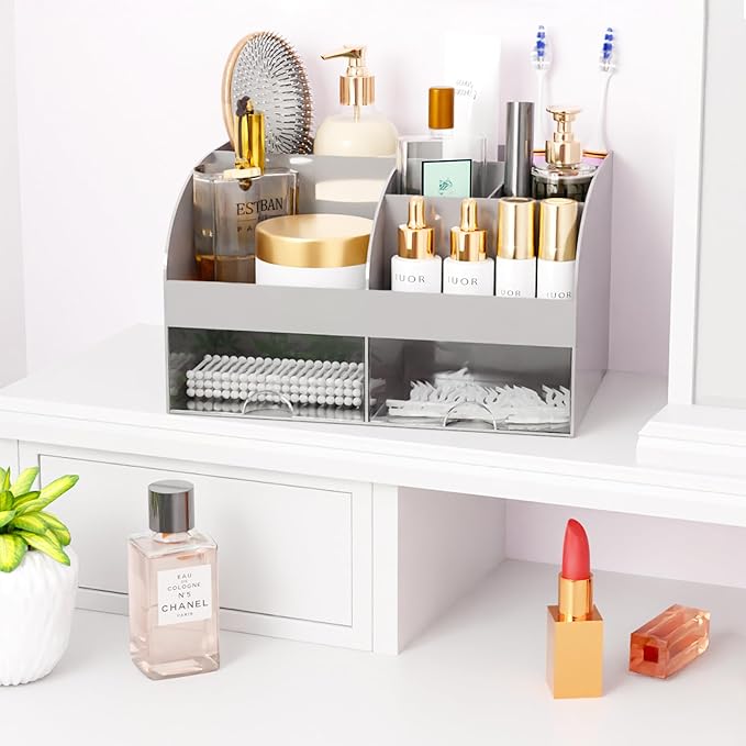 Makeup Organizer with Drawers, Cosmetic Storage for Dresser Vanity and Bathroom Countertop, Beauty Holder for Lipstick Brush,