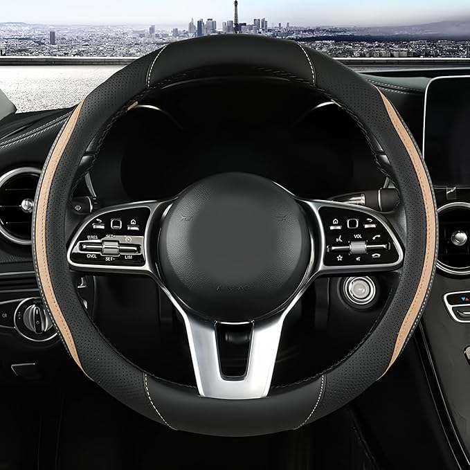 Car Steering Wheel Cover, Leather Steering Wheel Cover Beige Universal 14.5-15 Inch Microfiber Leather Anti-Slip Breathable A