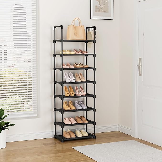 LANTEFUL Tall Shoe Rack 8 Tiers, 16-20 Pairs Shoe and Boots Organizer Storage Sturdy Shoe Shelf, Narrow Vertical Shoe Rack fo