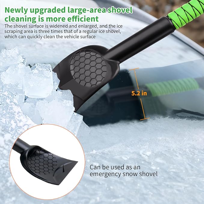 43.3'' Snow Shovel & Snow Brush with Ice Scrapers for Car Windshield,5-in-1 Extendable Thicken Aluminum Tube,180° Pivoting Brush Head & Foam Grip for Christmas, Cars, Trucks, SUVs, Vehicle（Green