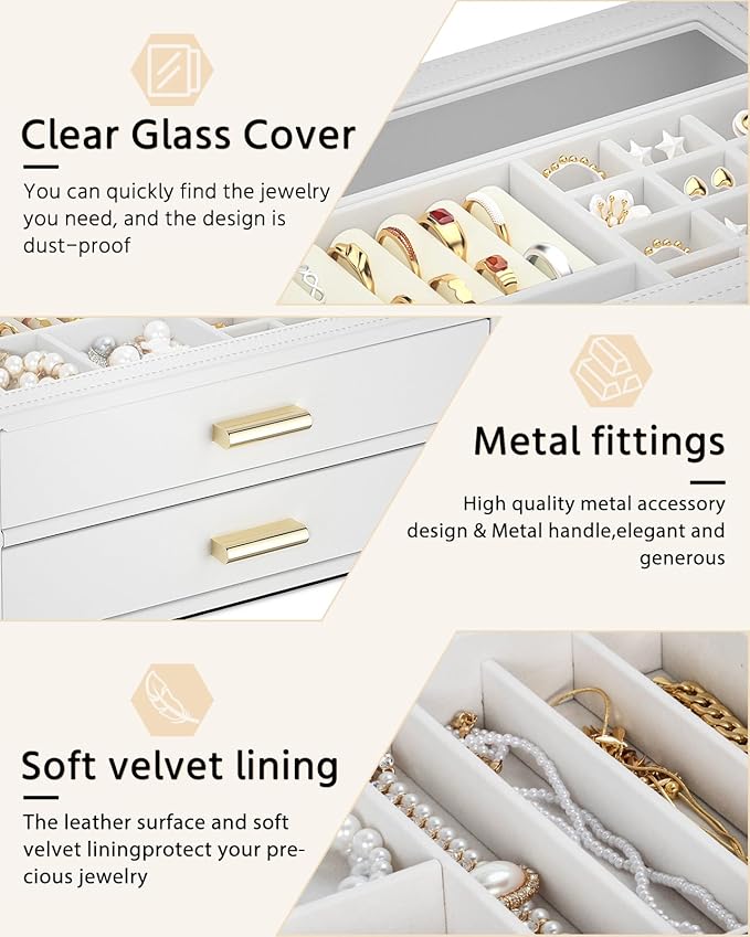 AKOZLIN Jewelry Box with Clear Lid Functional Leather Jewelry Storage Organizer Case 2 Drawers for Women Girls Necklace Ring 
