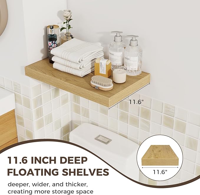 Fun Memories 12 Inch Deep Floating Shelves for Wall, 20 Inch Long Wall Mounted Storage Shelf with Invisible Brackets, 3 Pack 