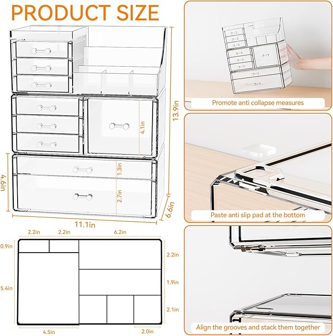 Yieach 3 Pack Clear Makeup Organizer Countertop for Dresser,Vanity and Bathroom Counter Organizer,Tiered Stackable Makeup Acr