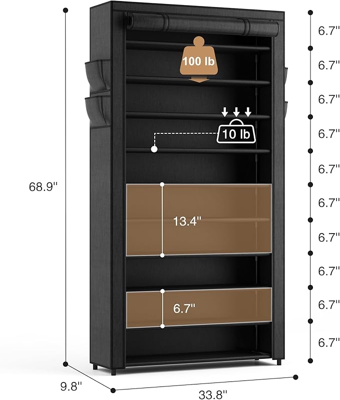 ROJASOP 10 Tier Shoe Rack with Covers,Large Capacity Stackable Tall Shoe Shelf Storage to 50-55 Pairs Shoes and Boots Sturdy 