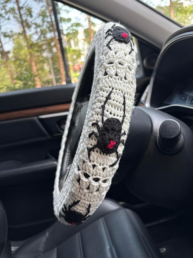 Crochet Spider Steering Wheel Cover Universal 14-15 inch (C,Wheel Cover+2 Belt Cover)