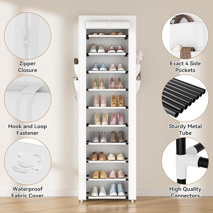 ROJASOP Shoe Rack with Covers 10 Tier Large Shoe Organizer Tall Shoe Closet Storage for 20-22 Pairs Shoe and Boot, Free Stand