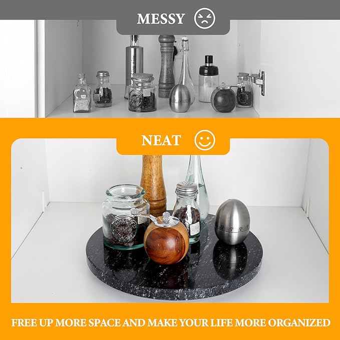 Koville 12'' Black Marble Lazy Susan Marble Turntable for Kitchen Dinning, Granite Lazy Susans Organizer for Cabinet, Serving