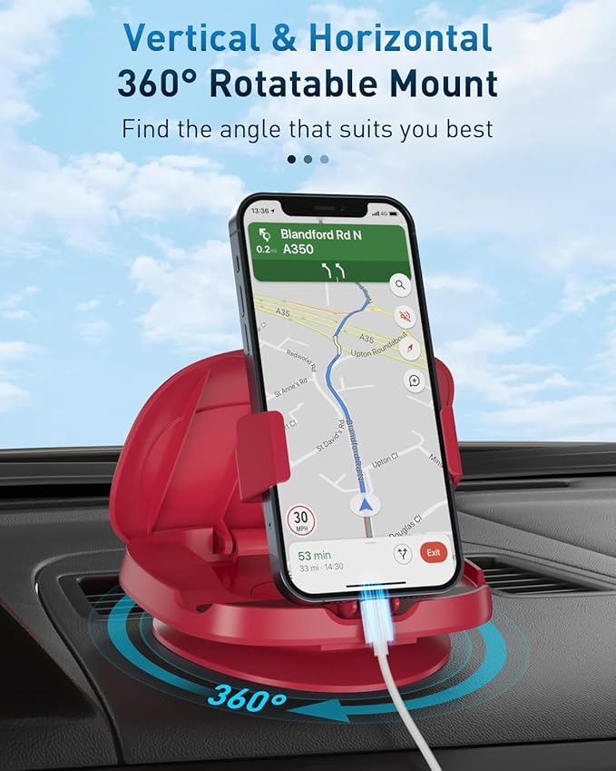 Cell Phone Holder for Car, Vertical Horizontal Car Phone Mount with 360° Rotate Dashboard Cradle Compatible iPhone Samsung Galaxy Android Smartphones, GPS Devices