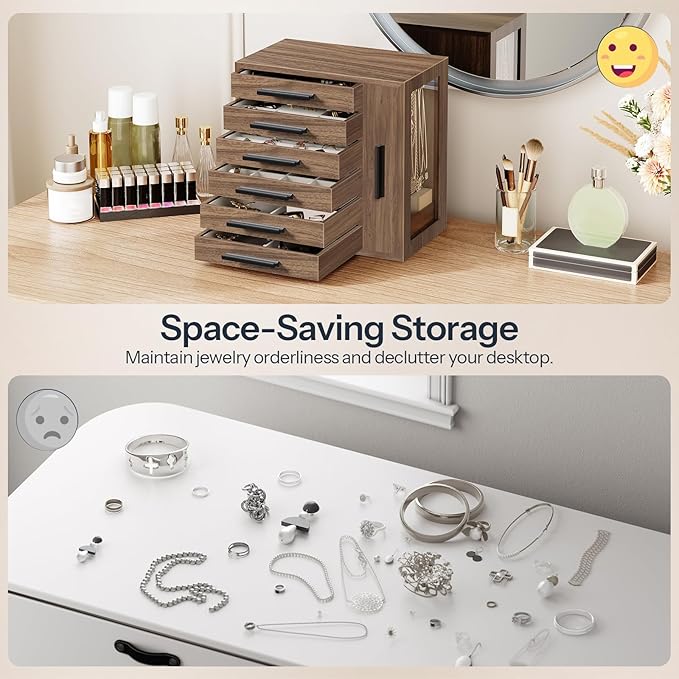 HOOBRO Jewelry Box for Women, Jewelry Organizer Box, 6-Tier Wooden Jewelry Box, Jewelry Case with Side Transparent Window, Cr