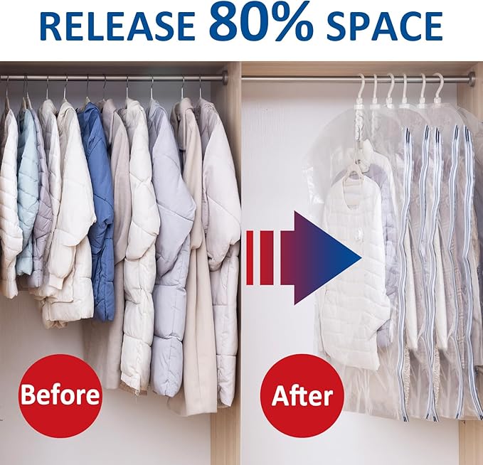 Hanging Vacuum Storage Bags, 6 Pack Hanging Storage Bags for Clothes With Electric Pump, Vacuum Sealed for Suits, Dress, Jack