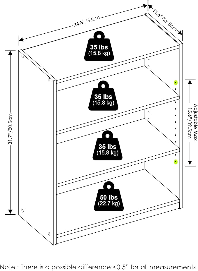 Furinno GEHRY Book Shelf, 3-Tier Bookshelf, Bookcase with Adjustable Shelves, 11.6 x 24.8 x 31.6, for Living Room, Bedroom, H