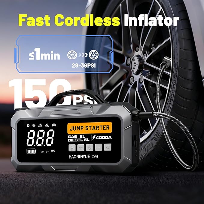 4000A Car Jump Starter with Air Compressor, Car Jumper 150PSI Portable Car Battery Jump Starter, 12V Jump Box Battery Pack