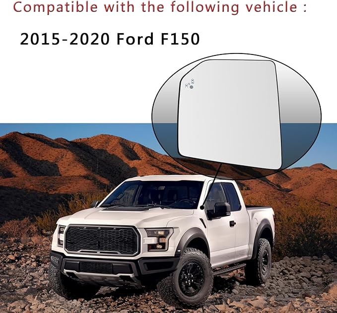Left Driver Side Heated Mirror Glass Replacement For Ford F150 2015 2016 2017 2018 2019 2020 - for Ford F150 Power Side Mirror Glass with Blind Spot Detection System and Rear Holder