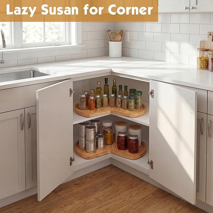 Leinuosen 2 Pcs 24in/28in Banded Pine Wood Full Kidney Shaped Lazy Susan for Corner Base Cabinets with Iron Swivel Bearing fo