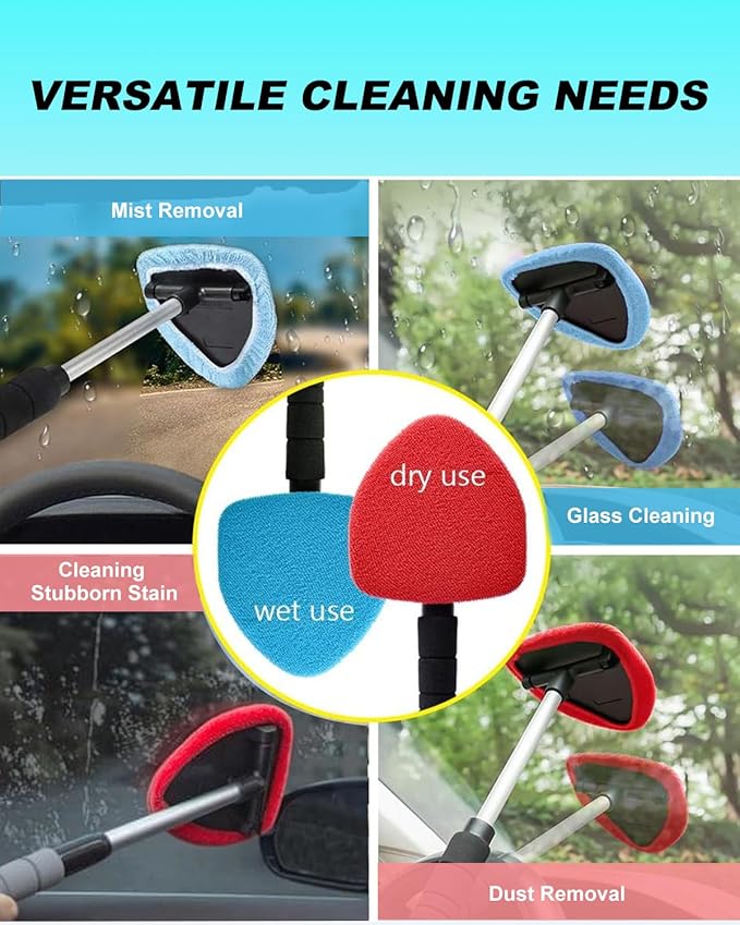 AutoEC Windshield Cleaner Tool, Car Inside Windshield Cleaner Tool，Inside Car Window Cleaning Tool Kit, Window Glass Wiper Kit Comes with 4 Washable & Reusable Microfiber Pads, 2 Wet and 2 Dry Use