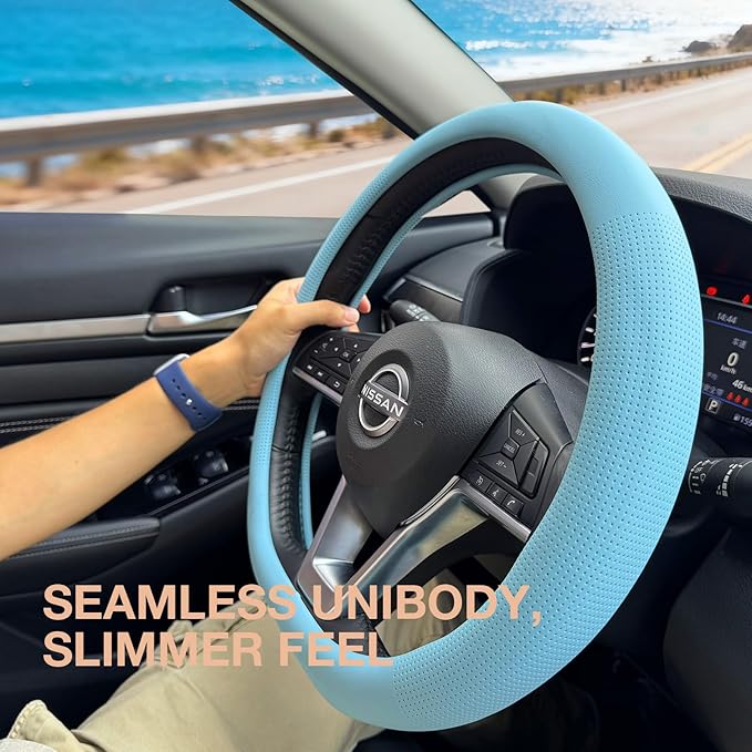 PINCTROT D Shaped Nappa Leather Steering Wheel Cover, Slim Fit No Bulk Design, One Piece Leather with Breathable Perforation,