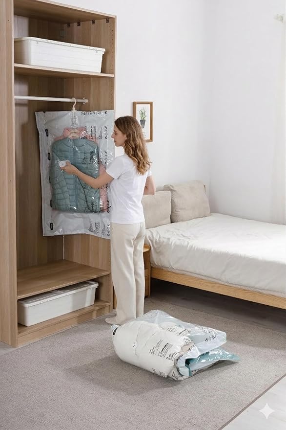 Vacuum Storage Bags for Clothing - NeatNest 6 Pack Space Saver Garment Bags with Hangers, 3 Medium + 3 Large, Vacuum or Hand 