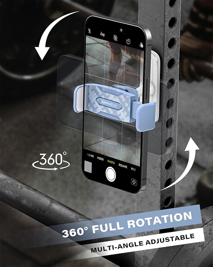 APPS2Car Gym Magnetic Phone Holder, 360 Adjustable, Compatible with 4.7-6.5" Smartphones, Alloy Base and Joint, Gym Accessories for Women, Blue