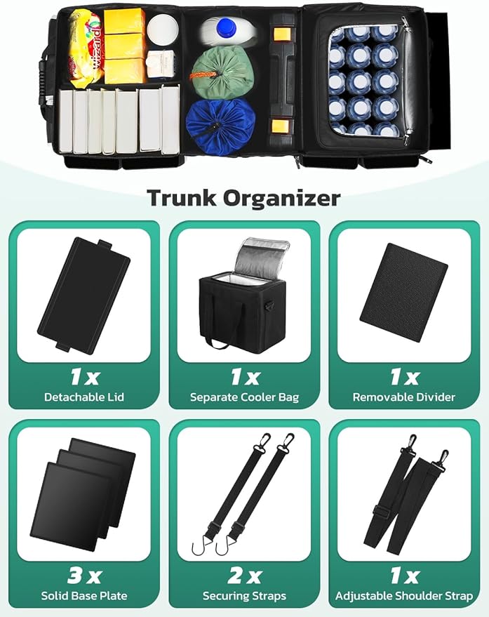 Oasser Trunk Organizer with Cooler Bag 95L, Bearing 110lb No Deformation, Collapsible with Multi Compartments, Removable
