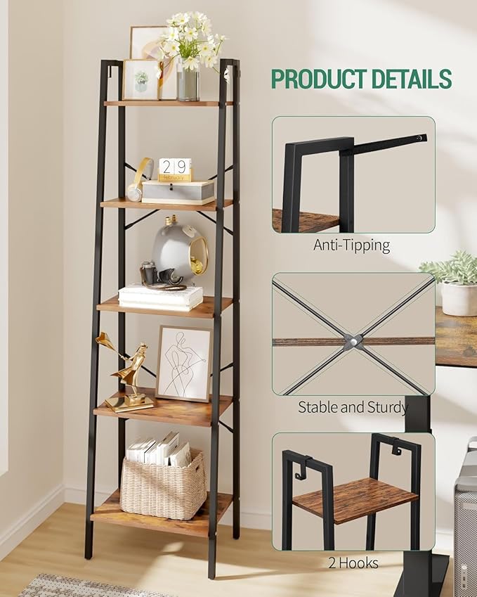 Hzuaneri Ladder Shelf, Bookshelf Bookcase, Freestanding Corner Storage Shelve with 2 Hooks for Home Office, Living Room, Kitc